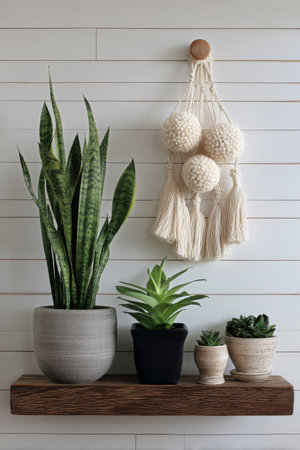 Various indoor plants are displayed on a wooden shelf against a light-colored wall. Decorative hanging elements add to the modern aesthetic and cozy ambiance of the space.の素材