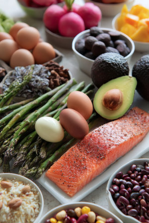 Colorful array of fresh ingredients includes salmon, eggs, vegetables, beans, rice, and nuts arranged on a kitchen counter ready for meal preparation.の素材