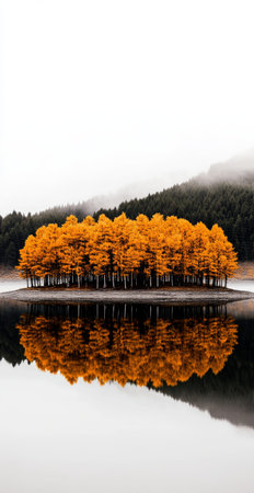 Vibrant orange trees stand tall on a small island surrounded by a tranquil lake, reflecting their beauty in the still water under a cloudy sky in autumn.の素材