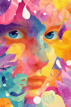A close-up of a womans face is adorned with bold colors and floral designs. The artwork captures the essence of spring with its vivid hues and intricate details.の素材