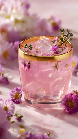 A beautiful pink cocktail is served in a stylish glass filled with ice and adorned with delicate flowers, creating a vibrant and inviting drink on a light surface.の素材