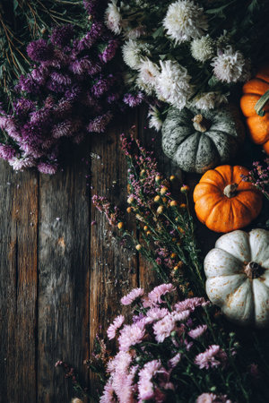 A beautiful collection of pumpkins in various sizes and colors surrounded by vibrant seasonal flowers on a rustic wooden surface, capturing the essence of autumn decor.の素材