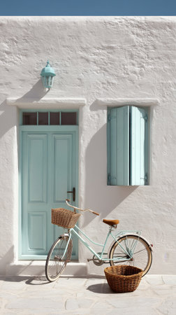 A quaint turquoise bicycle rests against a white washed building with a turquoise door and window. The vibrant colors create a tranquil and inviting atmosphere on a sunny day.の素材