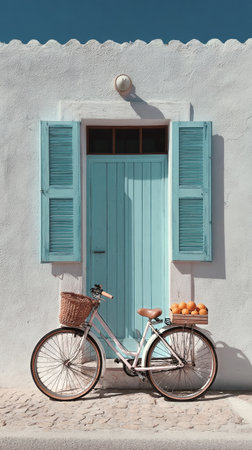 Bright blue door with matching shutters stands out against a white wall. A vintage bicycle rests nearby, showcasing a basket overflowing with fresh oranges, creating a picturesque moment.の素材