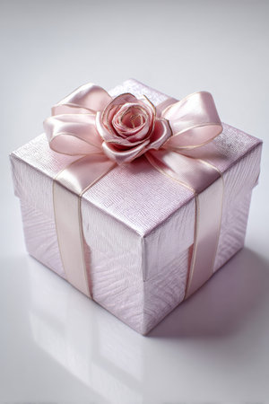 A charming gift box wrapped in soft pink satin ribbon showcases a delicate rose accent on top, perfect for birthdays or anniversaries. Ideal for creating a memorable moment.の素材