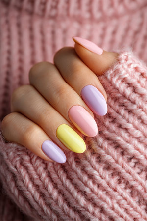 Bright pastel nails in pink, lavender, and yellow complement a cozy pink knit sweater, creating a stylish and comfortable look for a casual day out.の素材