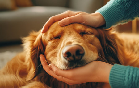 A golden retriever with closed eyes receives a soothing facial massage from its owner indoors in a calm, affectionate setting during a peaceful afternoon at home.の素材
