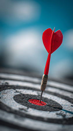 Target features a red heart dart firmly placed in the center of a black and white bullseye. The setting is bright and inviting, perfect for friendly competition outdoors.の素材