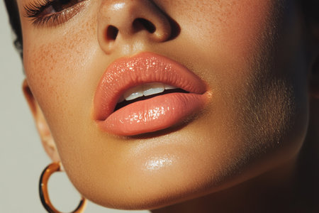 Soft lighting accentuates a glamorous close-up of lips adorned with peachy lip color. The skin radiates health, emphasizing natural beauty and fresh makeup style.の素材
