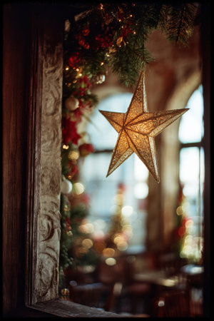 A decorative star dangles from the window amidst green festiveery and warm lights, creating a cozy atmosphere during the holiday season. A celebration of seasonal cheer and charm.の素材