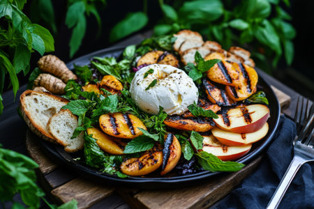 Delight in a flavorful arrangement of grilled peaches, fresh herbs, and creamy cheese on a rustic platter, perfect for summer gatherings in a garden.の素材