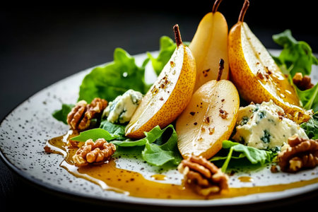 A delightful salad features slices of ripe pears, creamy blue cheese, and crunchy walnuts arranged on fresh greens. The dish is presented beautifully at a dining table.の素材