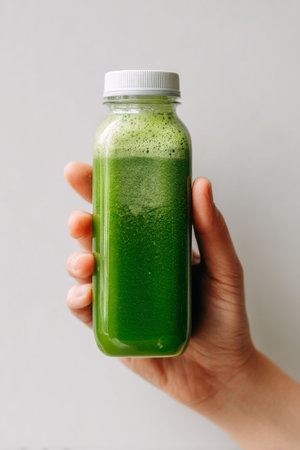 A hand grips a bottle of vibrant green smoothie, showing health and freshness. The background features a minimalist style that enhances the drinks appeal.の素材