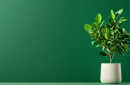 A lush indoor plant in a sleek white pot sits on a table, showing striking green leaves against a rich green backdrop. This setup adds a touch of nature to the modern space.の素材
