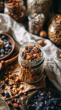 Crunchy granola sits in transparent jars on a wooden surface with some granola scattered nearby. Natural light highlights the texture and colors of the ingredients.の素材