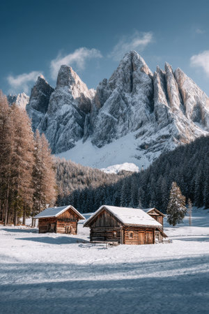 Two rustic wooden cabins sit in a snowy clearing, framed by towering snow-capped mountains and frosted pine trees under a bright winter sky.の素材