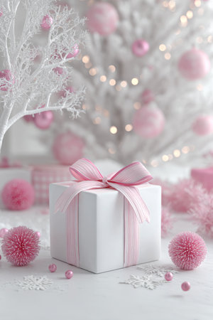 A beautifully wrapped white gift box with a pink ribbon sits on a table adorned with delicate decorations, creating a warm and inviting atmosphere for a special event.の素材
