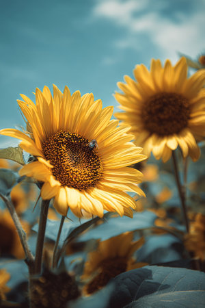 Vibrant sunflowers stand tall under a clear blue sky, showing their yellow petals. A bee hovers near the center, collecting nectar in a tranquil garden setting.の素材
