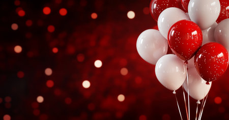 Bright red and white balloons are gathered together, creating a joyful ambiance with sparkling lights in the background during a celebration or party.の素材