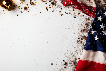 Colorful American flag with stars placed alongside gold glitter and festive decorations on a white surface, creating a vibrant setting perfect for celebrations and holidays.の素材