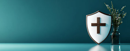 A shield with a prominent white cross stands upright against a smooth, soothing blue background, representing safety and health in a modern design.の素材