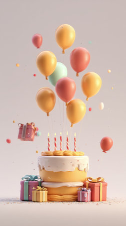 A decorated birthday cake with candles and colorful balloons stands proudly among wrapped gifts in a joyful setup. The soft background enhances the festive atmosphere.の素材