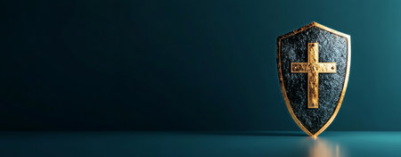 A metallic shield featuring a cross symbolizes safety and security. It stands on a solid teal background, creating a clean and modern look that evokes a sense of trust.の素材