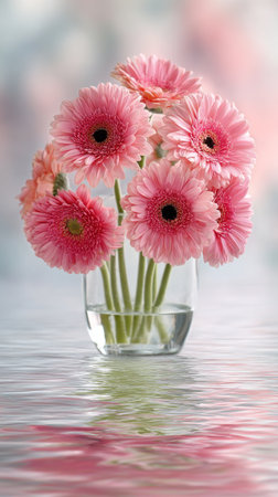 Pink gerbera daisies arranged in a clear glass vase create a cheerful display, their vibrant colors reflected in the calm water surface, adding a tranquil ambiance to the setting.の素材