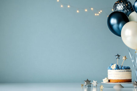 A birthday cake with blue frosting and candles sits on a white stand. Colorful balloons and sparkling decorations create a lively atmosphere for the special occasion.の素材