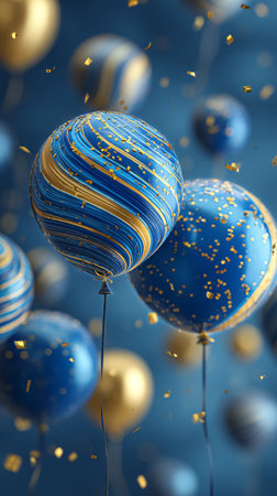 Colorful balloons with swirling blue and gold patterns float against a dark backdrop, surrounded by sparkling golden confetti, creating a festive atmosphere ideal for celebrations.の素材