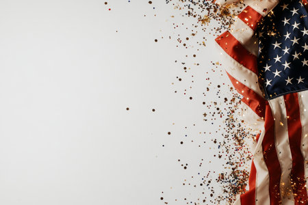 Colorful American flag with stars placed alongside gold glitter and festive decorations on a white surface, creating a vibrant setting perfect for celebrations and holidays.の素材