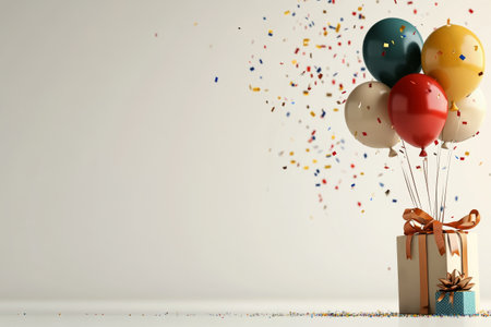 A collection of vibrant balloons rises above a neatly wrapped gift box, surrounded by colorful confetti. The scene captures the joy of a celebration moment.の素材