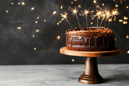 A beautifully decorated chocolate cake sits on a wooden stand, adorned with sparklers that illuminate the festive atmosphere during a celebration at night.の素材
