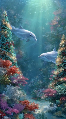 Two dolphins glide through a colorful coral reef, surrounded by diverse marine plants and creatures, creating a serene and lively underwater atmosphere.の素材