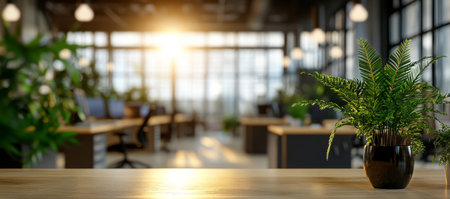 Bright sunlight illuminates a contemporary office interior filled with plants. Desks and workspaces are arranged for productivity in a vibrant environment.の素材