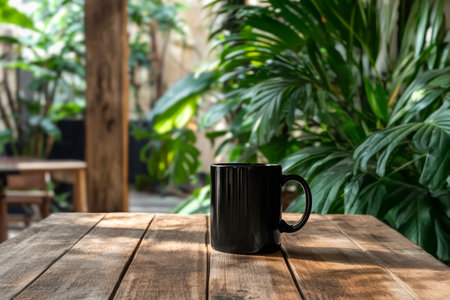 A black coffee mug rests on a rustic wooden table surrounded by various green plants in an indoor garden setting, creating a tranquil and refreshing atmosphere.の素材