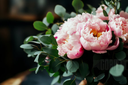 Soft pink peonies with lush green leaves are beautifully arranged in a bouquet, capturing natural light indoors, creating an inviting and vibrant atmosphere.の素材