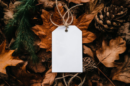 A blank tag rests on a bed of dried autumn leaves and pine cones, surrounded by natures earthy tones and textures. The setting evokes a seasonal ambiance.の素材