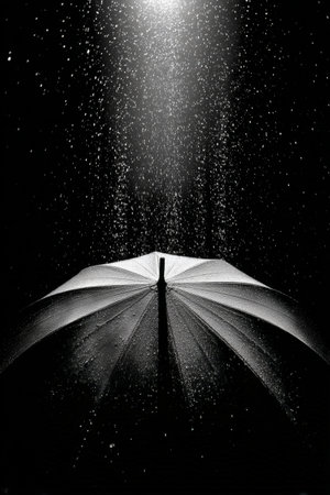 Rain pours down heavily while an umbrella stands gracefully illuminated by a spotlight. The contrast between light and dark creates an artistic and moody atmosphere.の素材