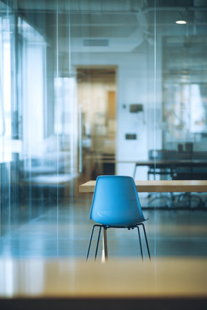 A solitary blue chair is placed at a wooden table in a modern office setting, illuminated by soft light, suggesting a tranquil workspace during working hours.の素材