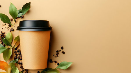 A takeaway coffee cup rests among scattered coffee beans and green leaves on a warm, solid background. The arrangement creates a cozy and inviting atmosphere for coffee lovers.の素材