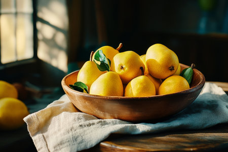 Bright yellow lemons rest in a rustic bowl atop a cloth on a wooden table. Sunlight fills the room, illuminating the fresh fruit and green leaves nearby.の素材