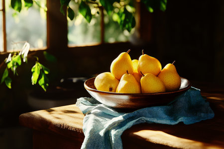 Ripe pears rest in a wooden bowl on a weathered kitchen table, bathed in warm sunlight filtering through a nearby window, enhancing the cozy atmosphere of the space.の素材