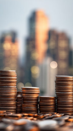 Several stacks of coins are arranged prominently in the foreground, while a blurred city skyline glistens in the background during the evening hours, symbolizing economic prosperity.の素材