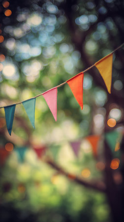 A string of colorful triangular flags hangs amidst green trees, adding a cheerful touch to a gathering.の素材