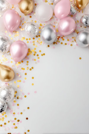 Soft pastel balloons in pink, silver, and gold are spread across a white surface, surrounded by shimmering confetti, creating a vibrant and celebratory atmosphere.の素材