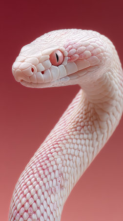 A close-up view of a distinctive white snake showing its smooth scales and red eyes, set against a soft pink background that enhances its striking appearance.の素材