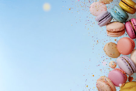 Delicate macarons in various colors are artfully placed on a light pastel background. Tiny crumbs and colorful sprinkles add a playful touch to the arrangement.の素材