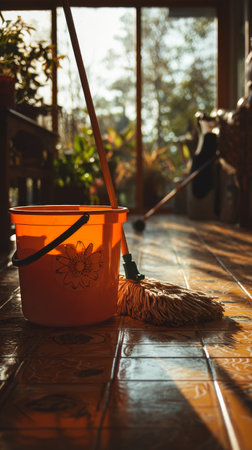 In a sunlit room, a bright orange bucket stands next to two brooms on a tiled floor while potted plants flourish in the warm light of the early morning.の素材