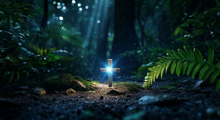 An illuminated cross stands on the ground in a tranquil forest, surrounded by lush greenery and earthy soil, with soft morning light filtering through the trees.の素材
